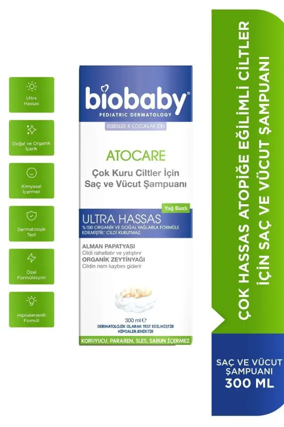 Biobaby Atocare Çok Kuru Ciltler İçin Saç ve Vücut Şampuanı 300 ml - 1