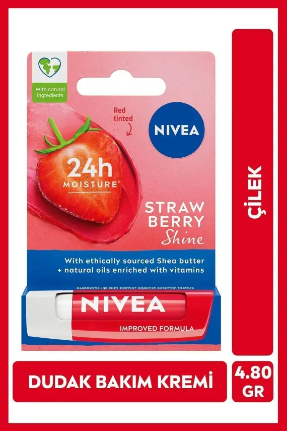 Nivea Dudak Bakım Kremi Ve Dudak Parlatıcı - Çilek Kokusu, 24 Saat Nemlendirici - 1