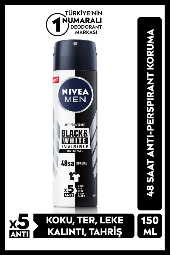 Nivea Men Erkek Sprey Deodorant Black&White Invisible Original 150ml - 48 Saat Anti-perspirant Koruma - 1