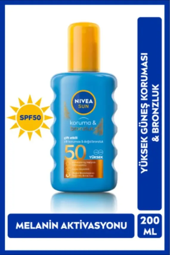 Nivea Sun Çift Etkili Yüksek Koruma ve Bronzluk Güneş Koruyucu Sprey SPF 50+ - Suya Dayanıklı 200ml - 1